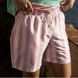 AZUL SIETE MENS SWIM SHORTS M PINK WHITE STRIPES NAUTICAL COASTAL QUICK DRY